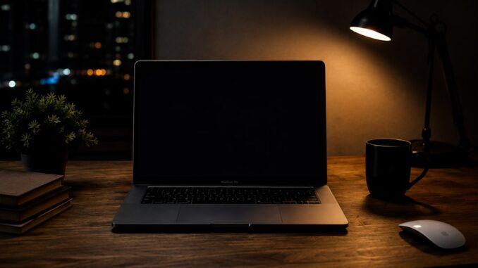 En MacBook står åben på et moderne skrivebord